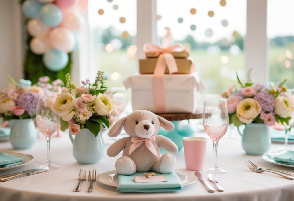 pastel baby shower gifts and flowers